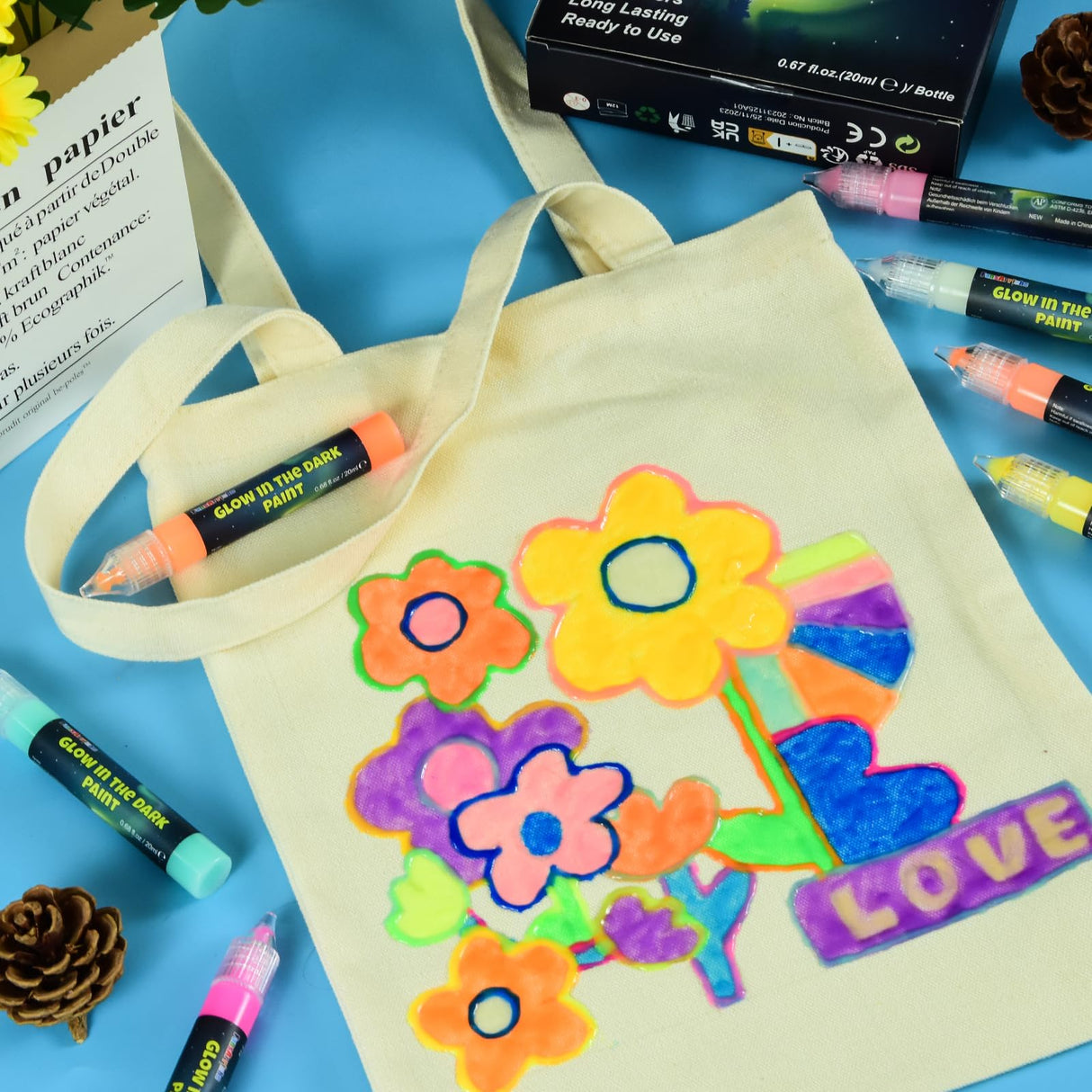 FansArriche Glow in the Dark Fabric Paints, 18 Colors x 20 ml 3D Waterproof Acrylic Textile Paint Markers, Glow in Dark Paint Pen, DIY Neon Fabric FansArriche