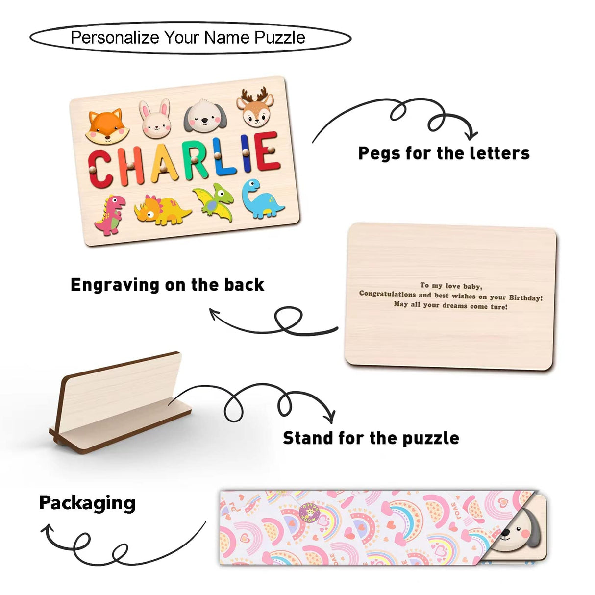 WNNNS Name Puzzles for Kids Personalized Custom Baby Easter Basket Stuffers 1st Birthday Baby Gifts for Boys Girls Wooden Puzzle Toys for Toddler 1-3 WNNNS