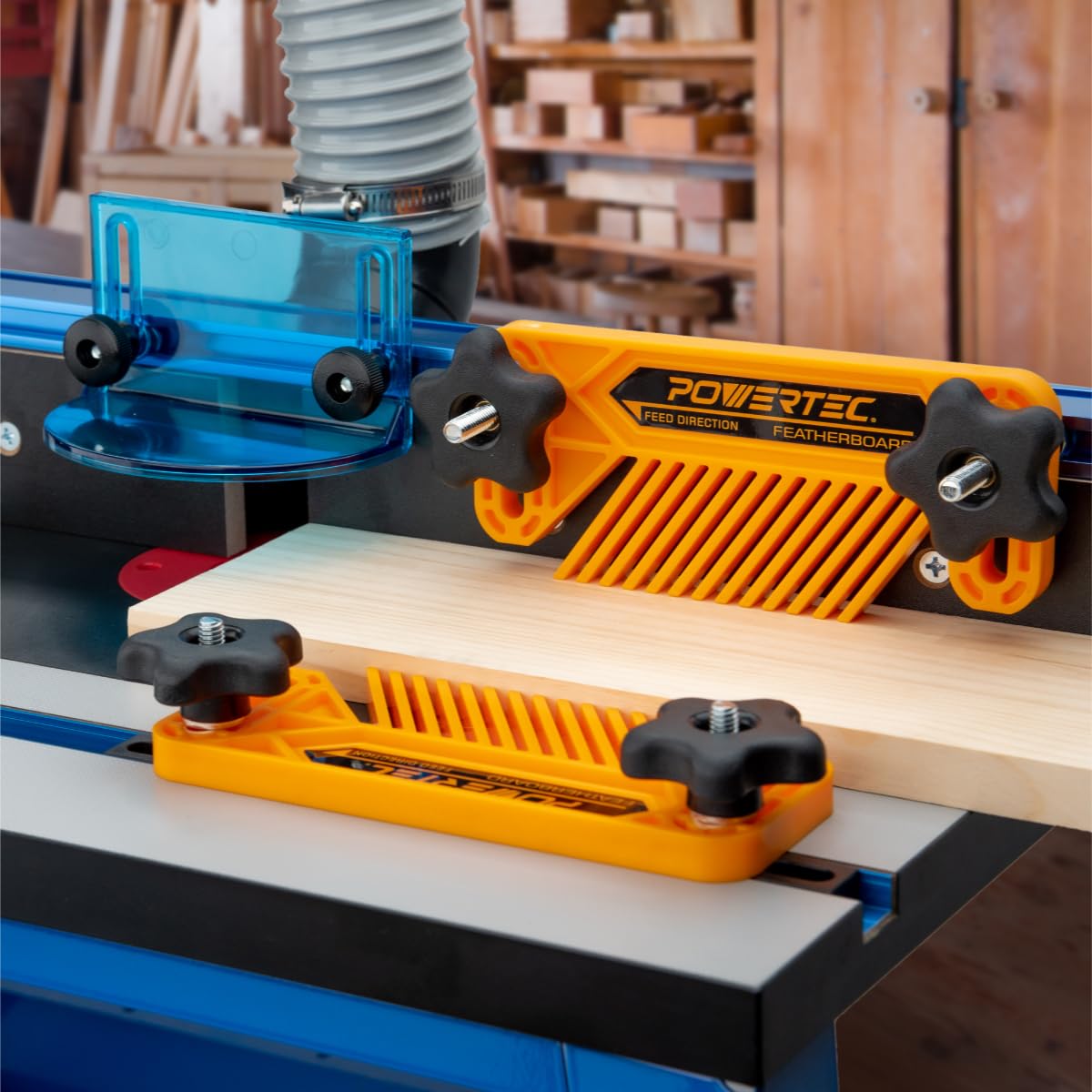 POWERTEC 71913 Full Size Router Bit Guard with 2.5" ID Router Table Dust Port and 2-PC Router Fence/Router Table Featherboards POWERTEC