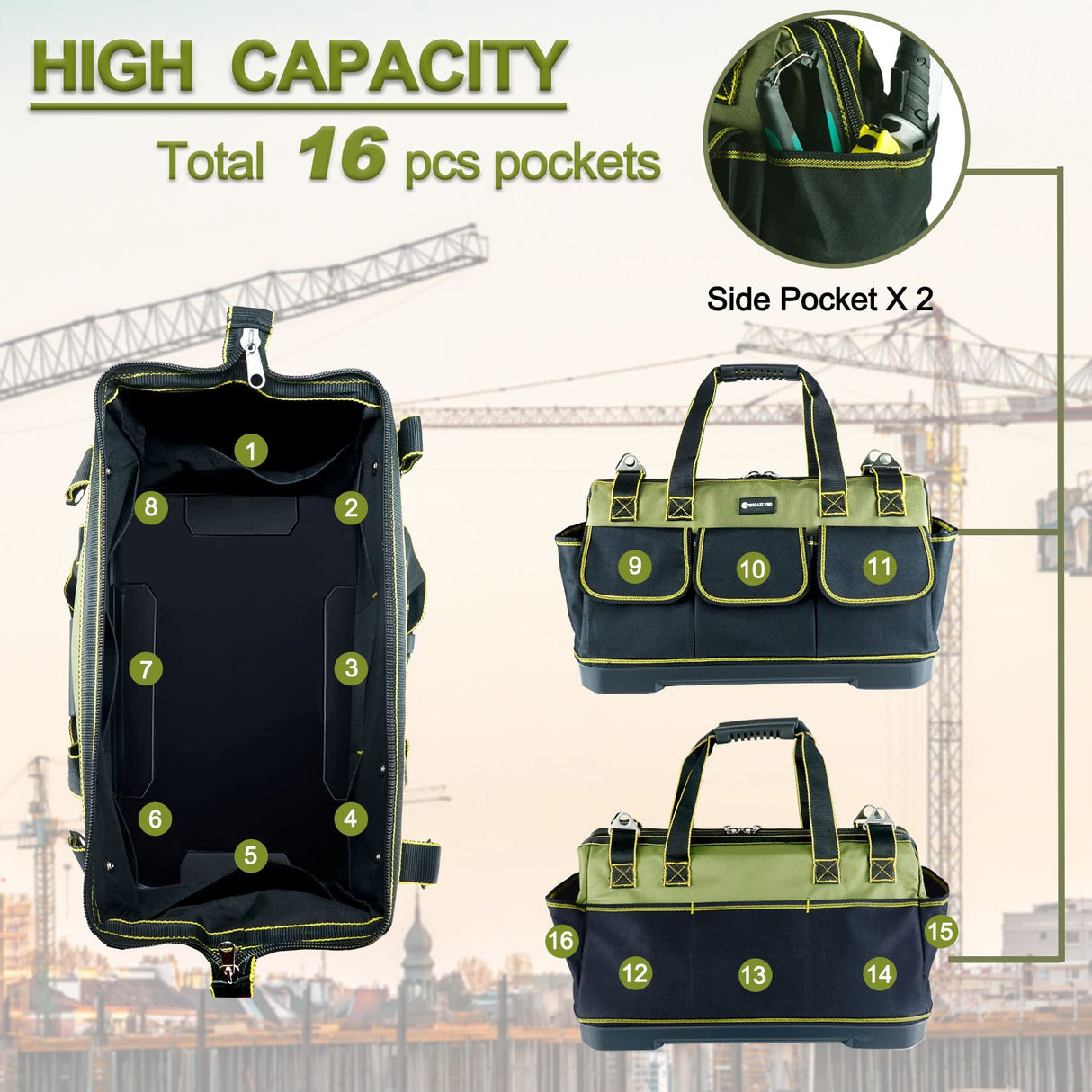 WILAXI PRO 17in Tool Bag For Men Heavy Duty with Waterproof Molded Base, High Capacity Wide Mouth Tote, Construction Worker Electricians Tool Bags, WILAXI PRO