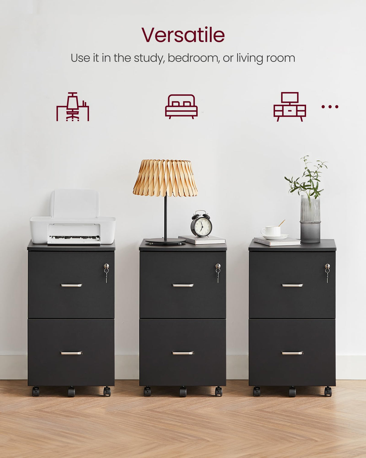 VASAGLE 2-Drawer File Cabinet, Locking Wood Filing Cabinet for Home Office, Small Rolling File Cabinet, Printer Stand, for A4, Letter-Size Files, VASAGLE