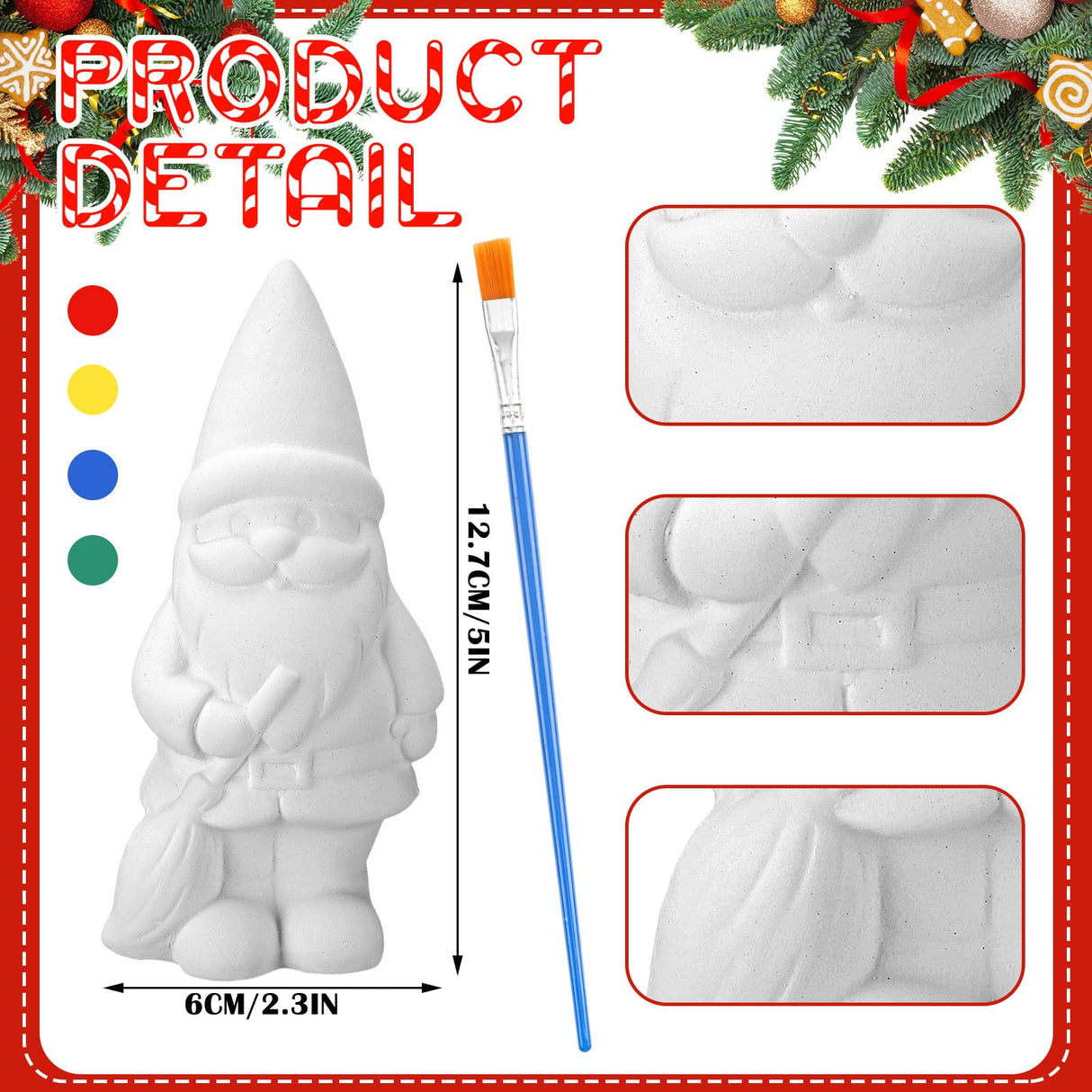 Barydat 4 Pcs Xmas Gnomes Ceramic Painting Kit for Kids Adults 5'' Gnome Statues with Paint Pod Strips, 2 Brushes Unpainted Blank Ceramics to Paint Barydat