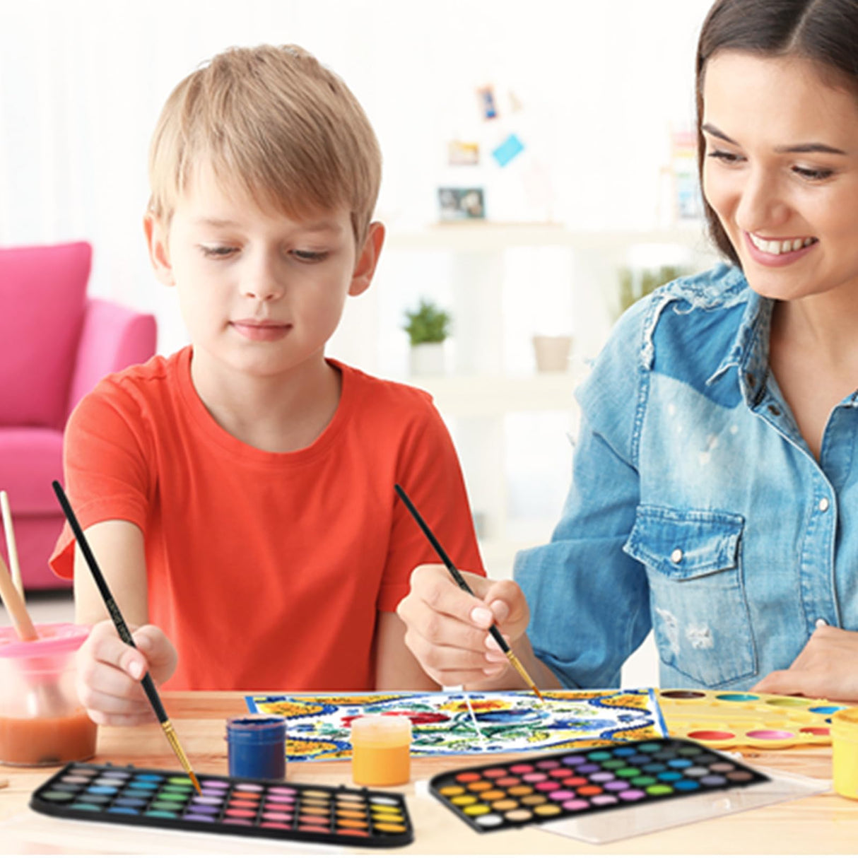GETHPEN Watercolor Paint 48 Colors, Angular Paint Brushes Nylon Hair Angled Watercolor Pait Brush Set GETHPEN