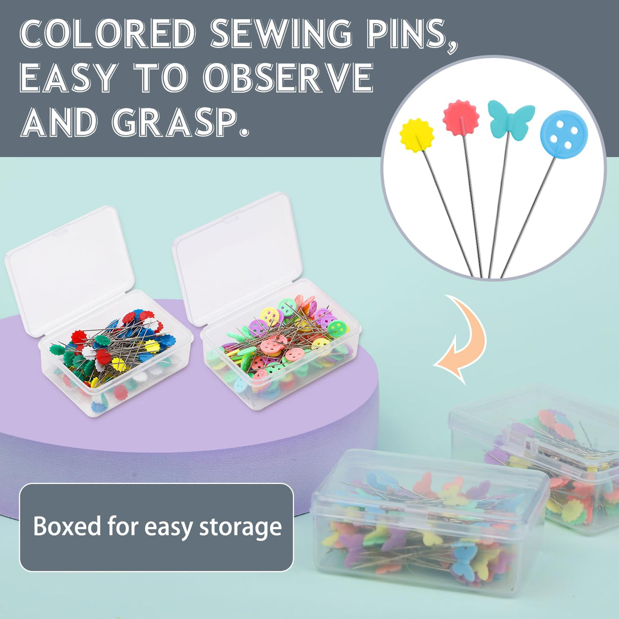404Pcs Flat Head Straight Pins Kits, Sewing Flat Head Pins Set, Colored Head Sewing Pins Quilting Pins with Storage Box for DIY Handicraft Marking FTEVEN