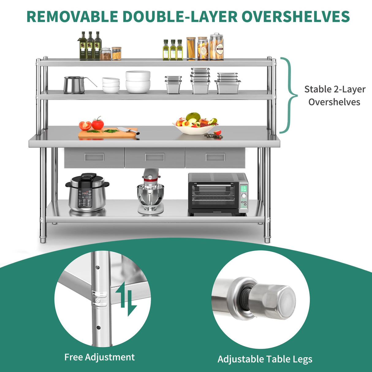 YITAHOME 72" X 24" Stainless Steel Table with Overshelves & Drawers, Work Table with 72" X 12" Shelf & 3 Drawers, Metal Table Prep Table for Home YITAHOME