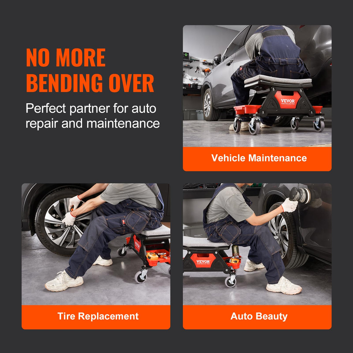 VEVOR Mechanic Stool 300 LBS Capacity Garage Stool with Wheels, Heavy Duty Rolling Mechanics Seat, with Three Slide Out Tool Trays and Drawer, VEVOR