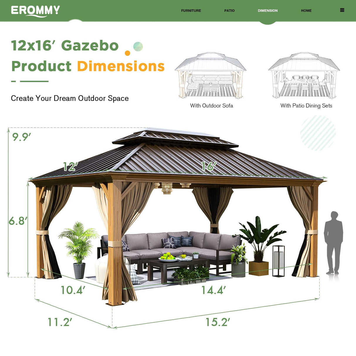 EROMMY 12' x 16' Gazebo, Wooden Finish Coated Aluminum Frame Canopy with Double Galvanized Steel Hardtop Roof, Outdoor Permanent Metal Pavilion with EROMMY