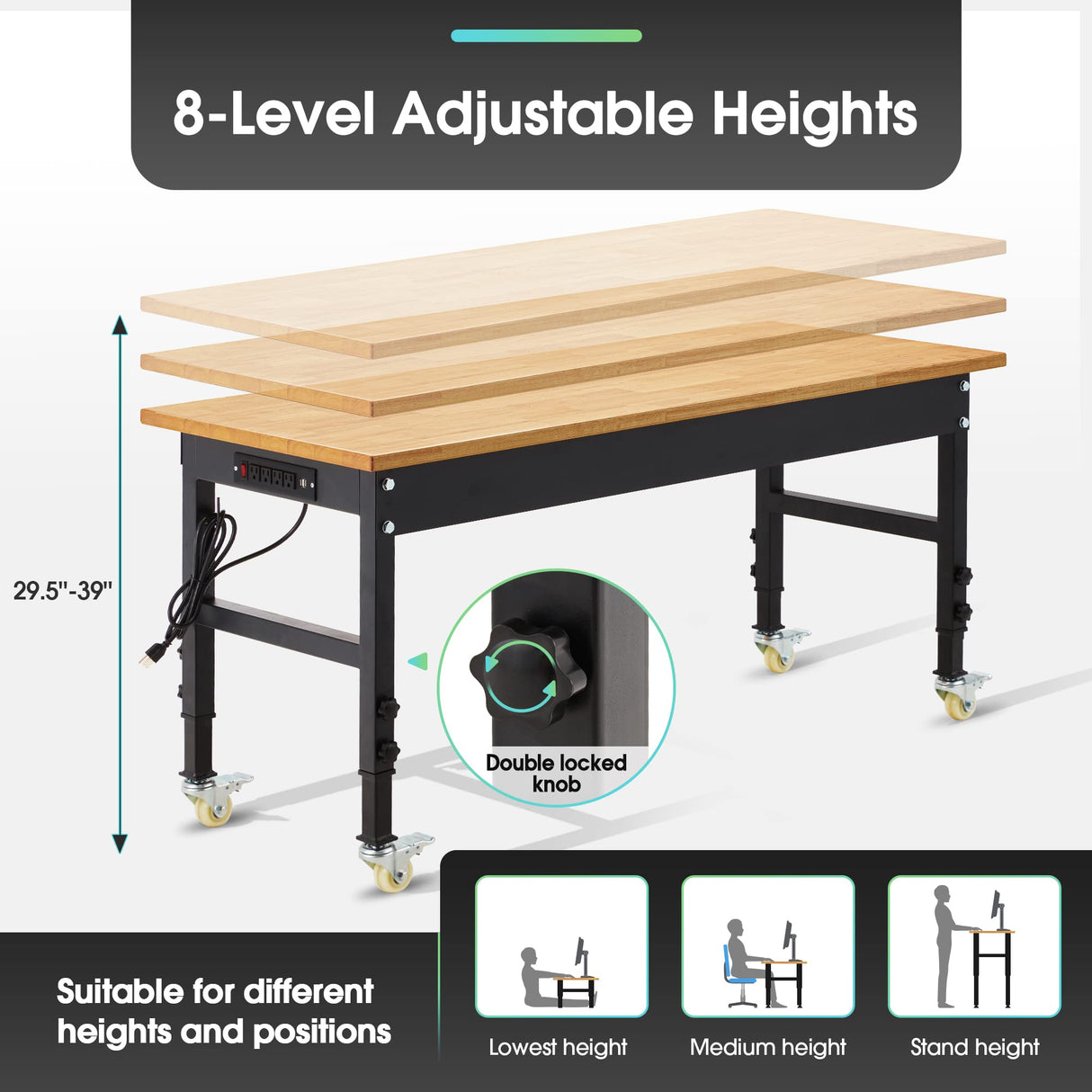 Antifir 60" ×24'' Adjustable Workbench,Rolling Heavy-Duty Worktable with Power Outlet and Wheels,Large Load Capacity Rubber Wood Top Workbench for Antifir
