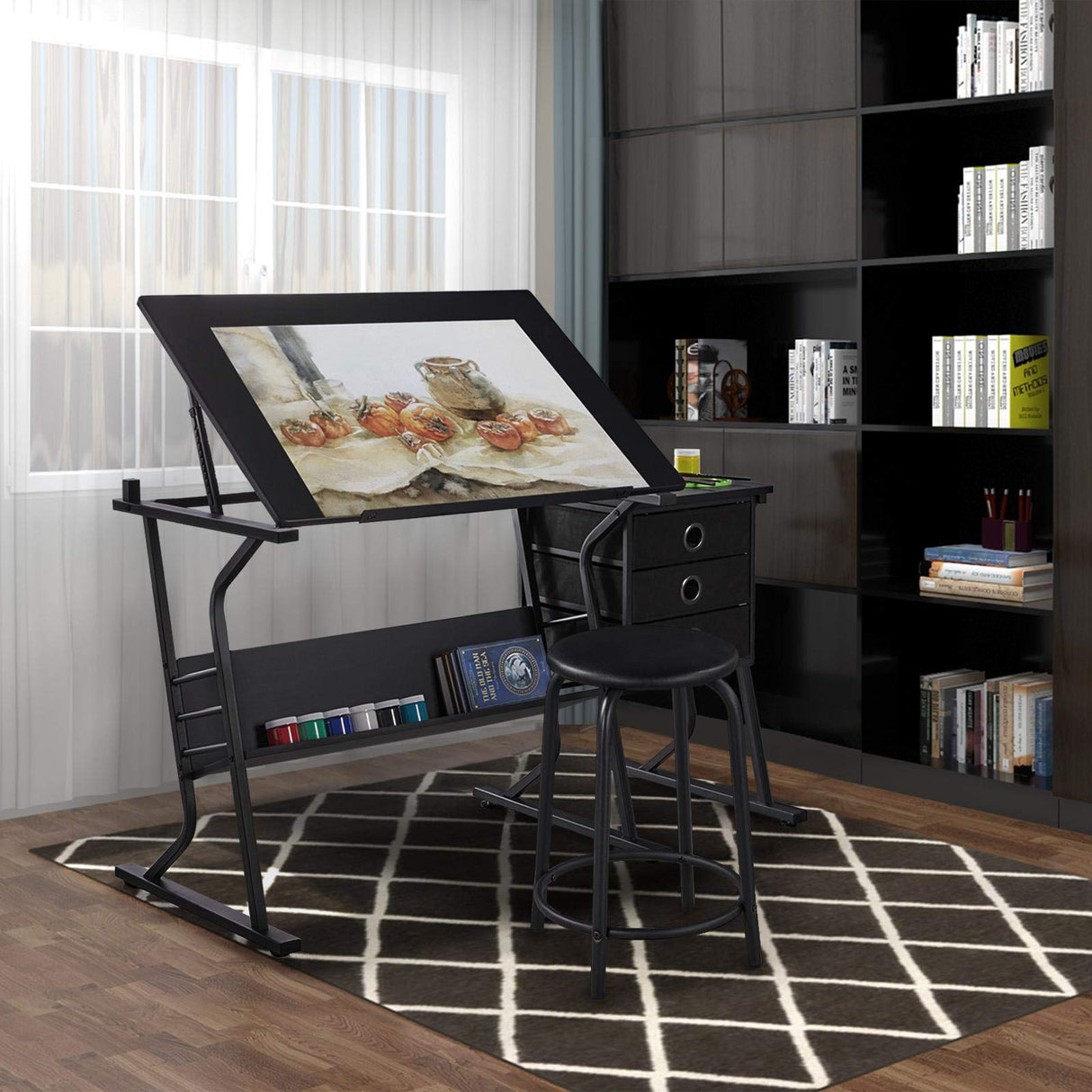Topeakmart Height Adjustable Drafting Table Art Craft Desk Work Station Hobby Design Studio Tiltable Tabletop Drawing Desk with Stool & Storage Topeakmart