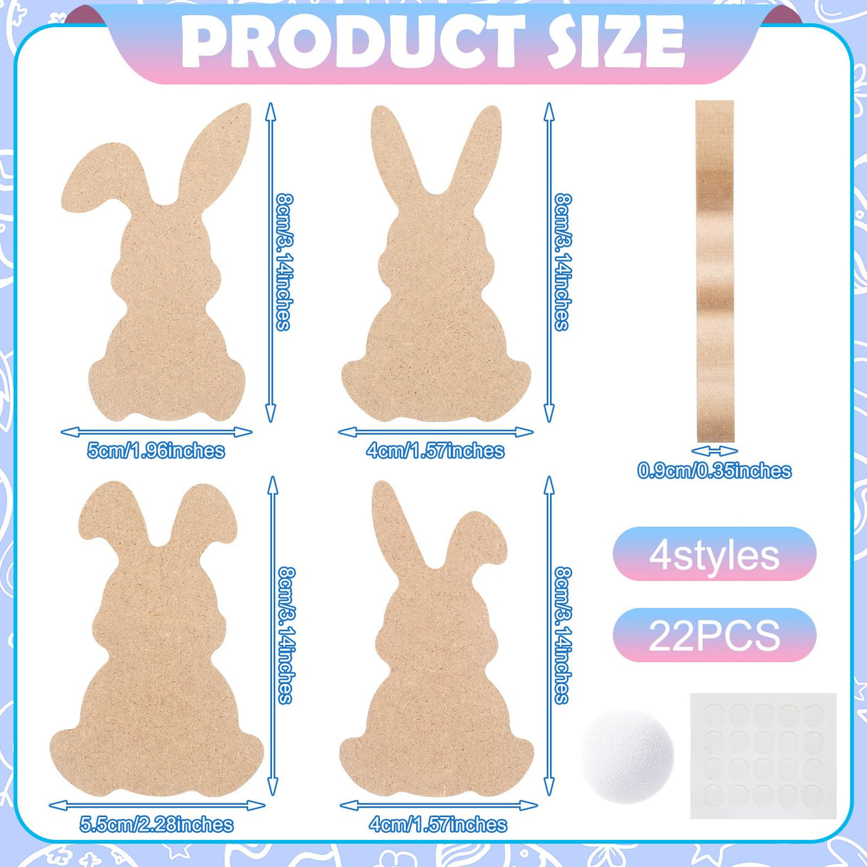 Menkxi 22 Pcs Easter Unfinished Wood Bunny Cutouts Bunny Table Wooden Signs Rabbit Blank Wooden Bunnies for Crafts with 22 White Felt Balls Pom Pom Menkxi