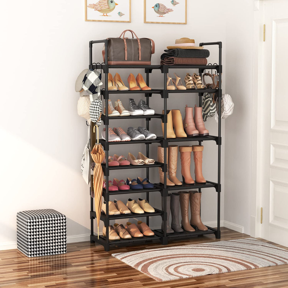 ROJASOP Shoe Rack Organizer, 8-Tier Metal Shoe Rack for Closet Entryway Garage, 26-32 Pairs Tall Shoe Boot Storage Shelf with 15 Hooks, Stackable ROJASOP