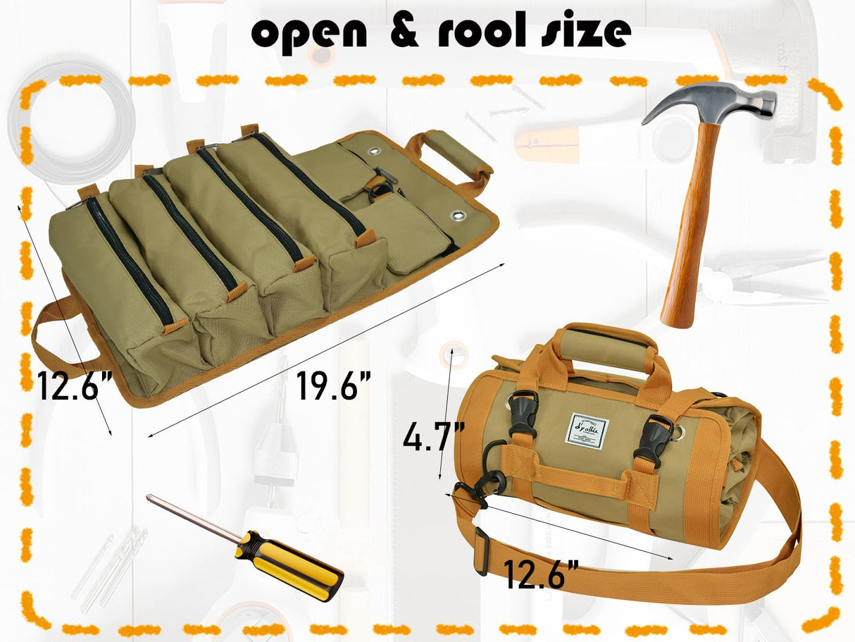 Tool Bag Roll Up, Bag Tool Organizers, Small Tool Bag W/Detachable Pouches, Heavy Duty Tool Organizer for Men Women (Khaki) d'yallee