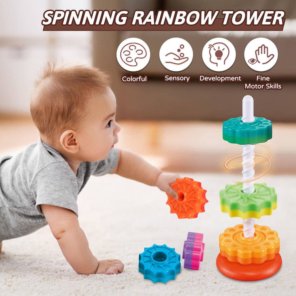 JUXUE Baby Spinning Stacking Toys for Toddlers 1-3, Rainbow Ring Stacker Montessori Toys for Babies 6-12 Months, 1 2 3 One Year Old Girl Boy JUXUE