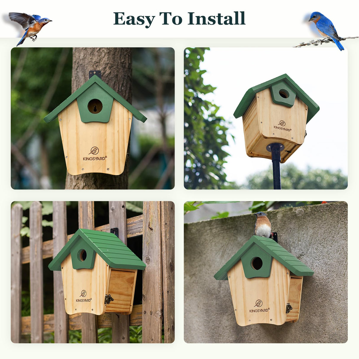 Kingsyard Wooden Bluebird House, Bird House with Predator Guard, Nesting Box Birdhouse for Outside Wild Bird Watching, Green Kingsyard