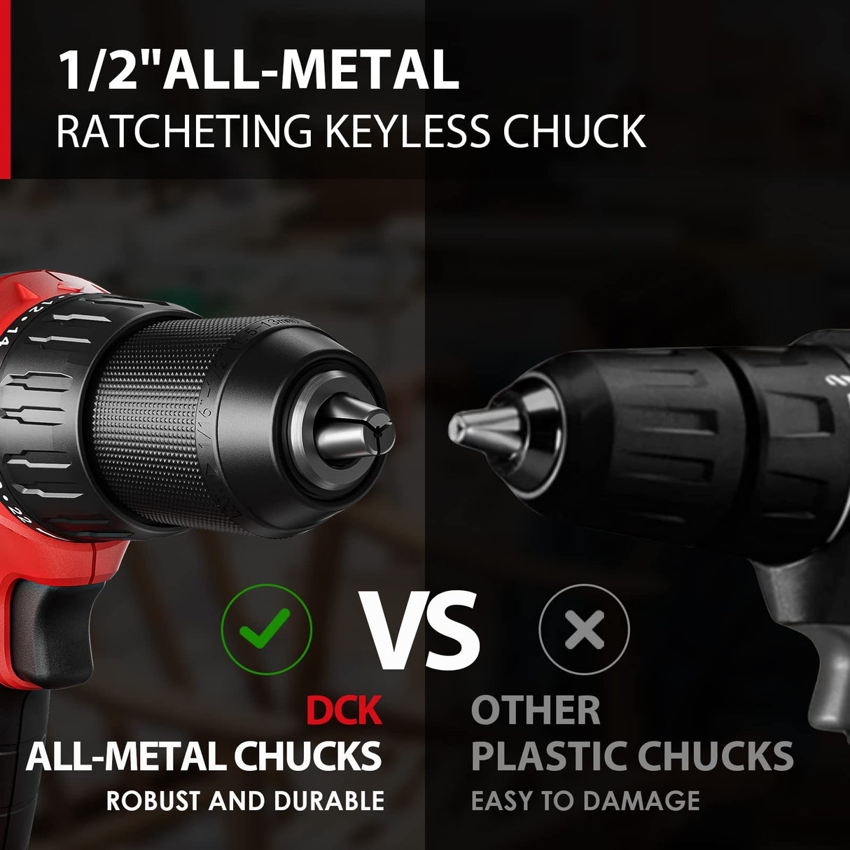 DCK Brushless Hammer Drill, 20V Max Hammer Drill Cordless, 531In-lb,36000 BPM,1/2" All-Metal Chuck, Variable Speeds, 22+1+1 Torque Setting, 4.0Ah DCK