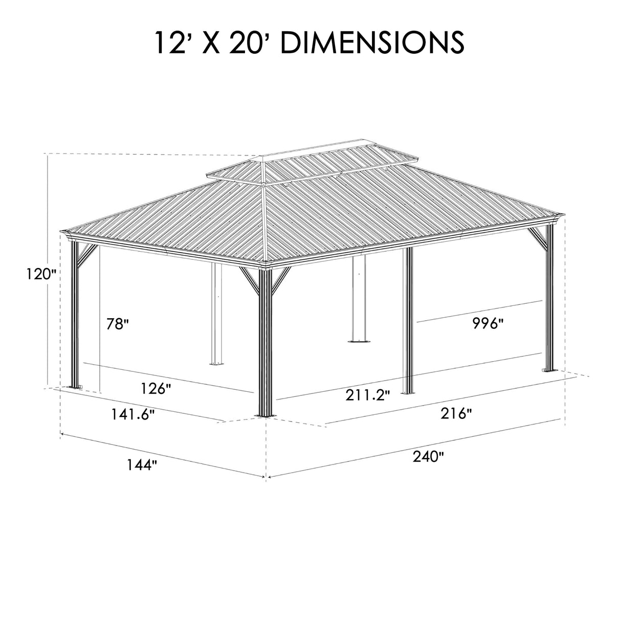 Kozyard Apollo 12’x20’ Hardtop Gazebo, Wooden Coated Aluminum Frame Canopy with Galvanized Steel Double Roof, Outdoor Permanent Metal Pavilion with Kozyard