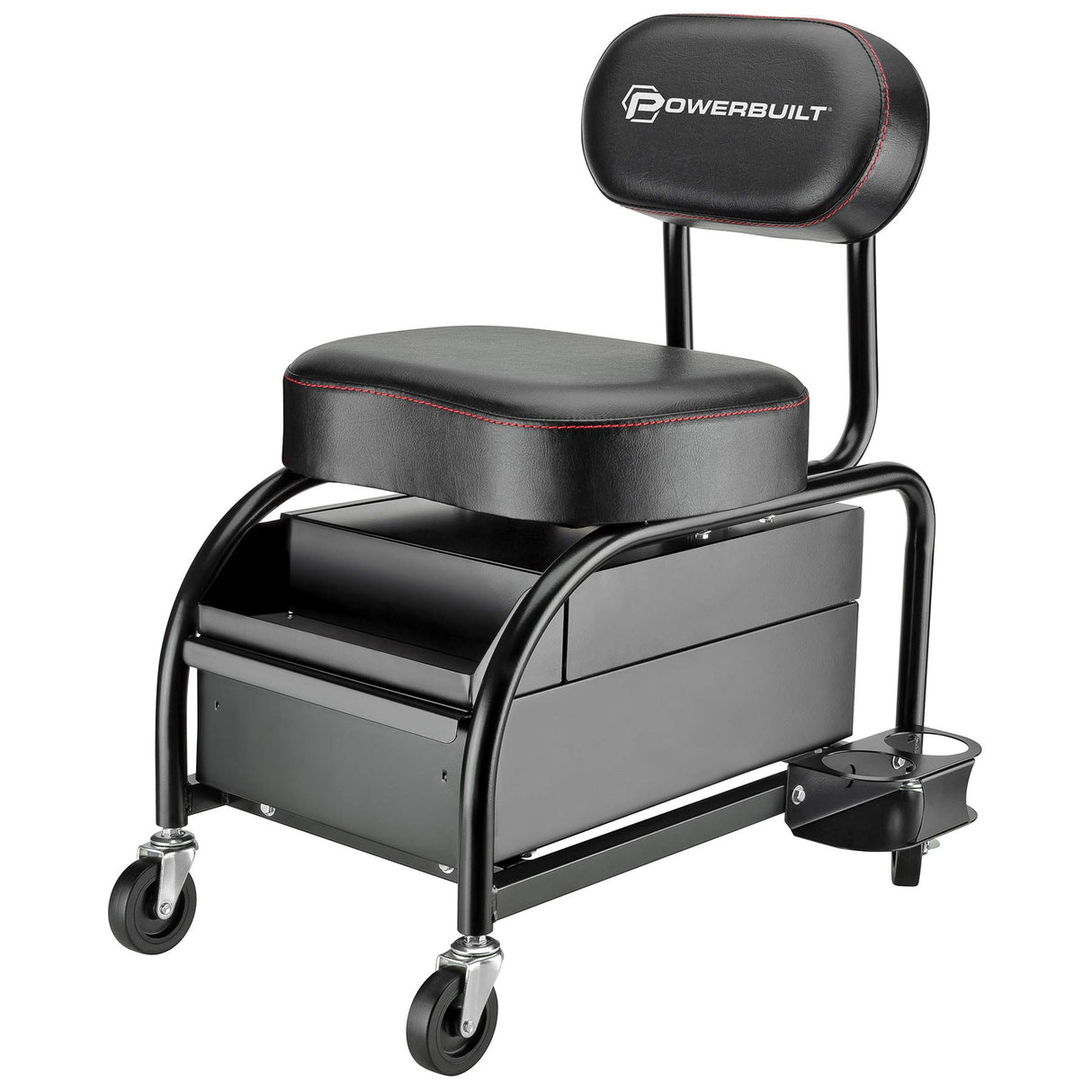 Powerbuilt Professional Car Detailers Mechanics Roller Seat, Heavy Duty Garage Stool with Thick Padded Seat and Backrest, 2 Sliding Storage Drawers, Powerbuilt