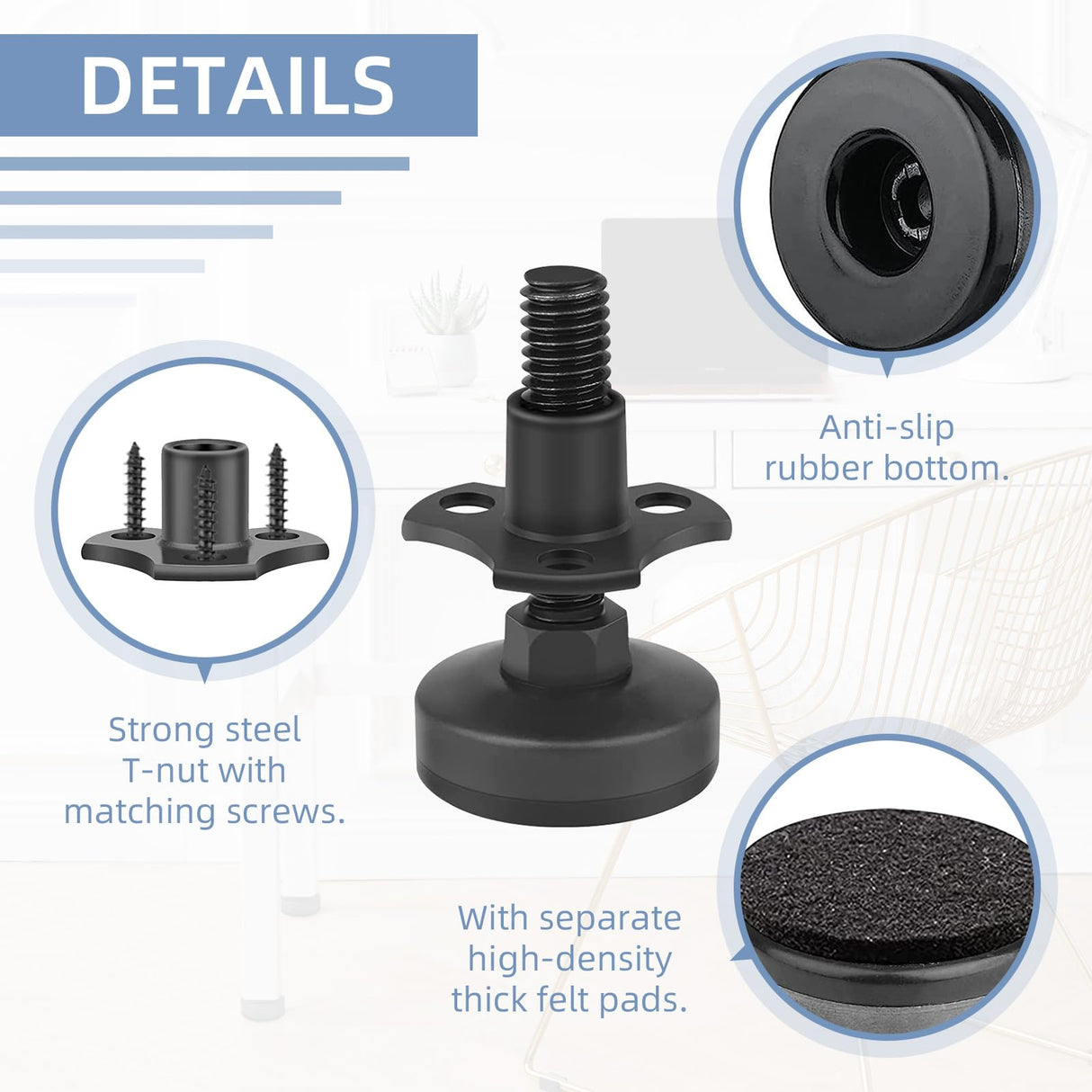 ReFeltidolom 3/8''-16 Thread Adjustable Leveling Feet Furniture Levelers, Heavy Duty Leg Levelers Furniture Legs for ReFeltidolom