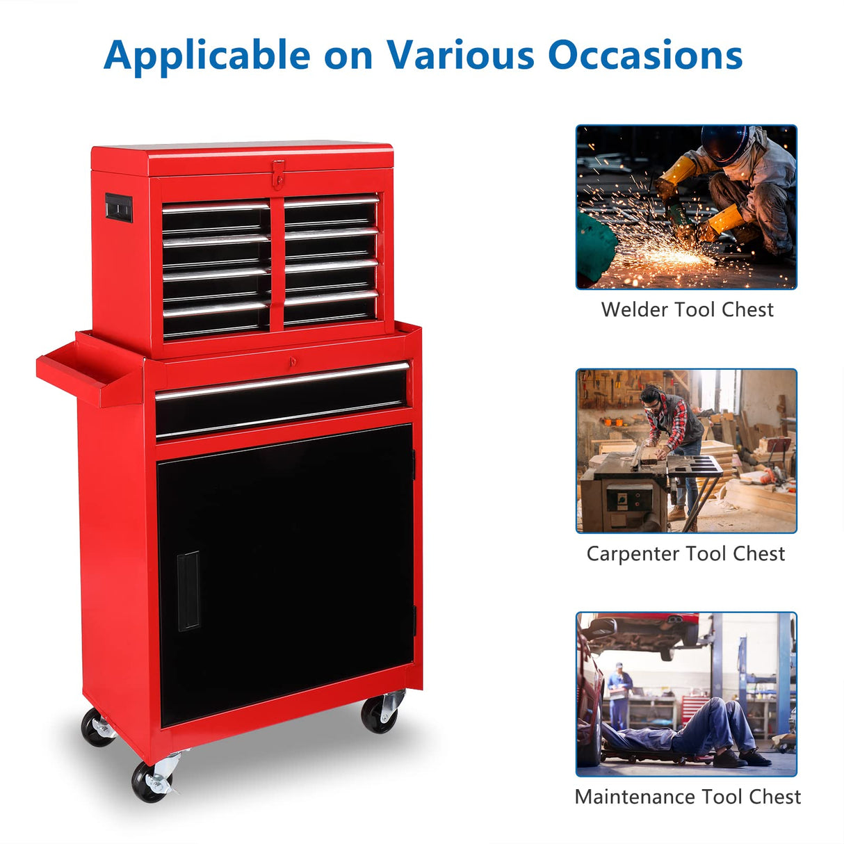 TUFFIOM 5-Drawer Rolling Tool Chest Storage Cabinet w/Drawers, Wheels, Detachable Top & Adjustable Shelf, Mechanic Tool Organizer Box for Garage, TUFFIOM