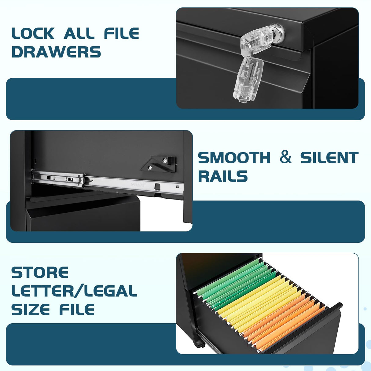 MIIIKO File Cabinet 3 Drawers on Wheels Under Desk, Metal Rolling File Cabinets with Lock for Home Office, Unassembled MIIIKO