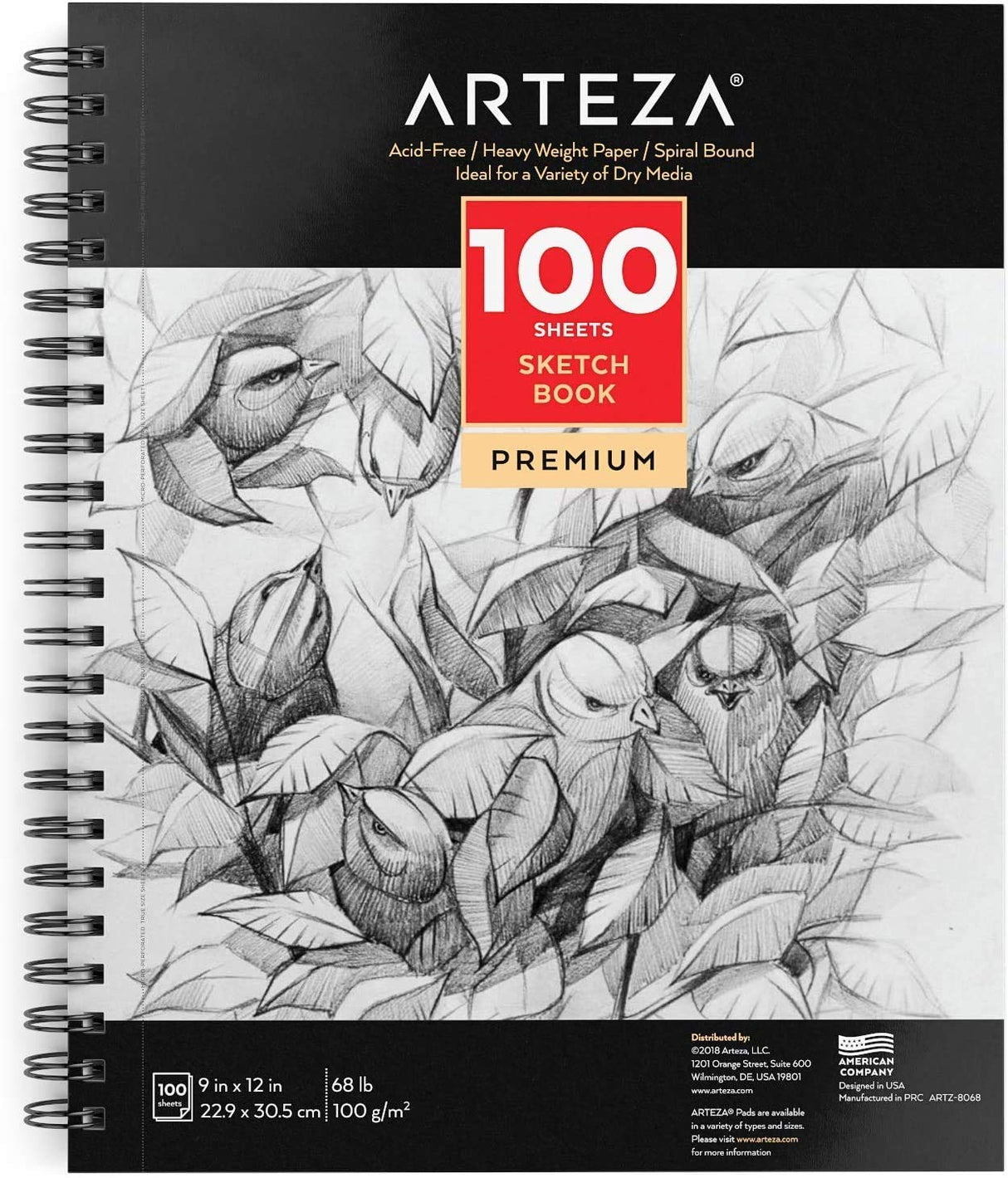 Arteza 9X12" Sketch Book, 100 Sheets (68 lb/100gsm), Spiral Bound Artist Sketch Pad, Durable Acid Free Drawing Paper, Ideal for Adults & Teens, ARTEZA