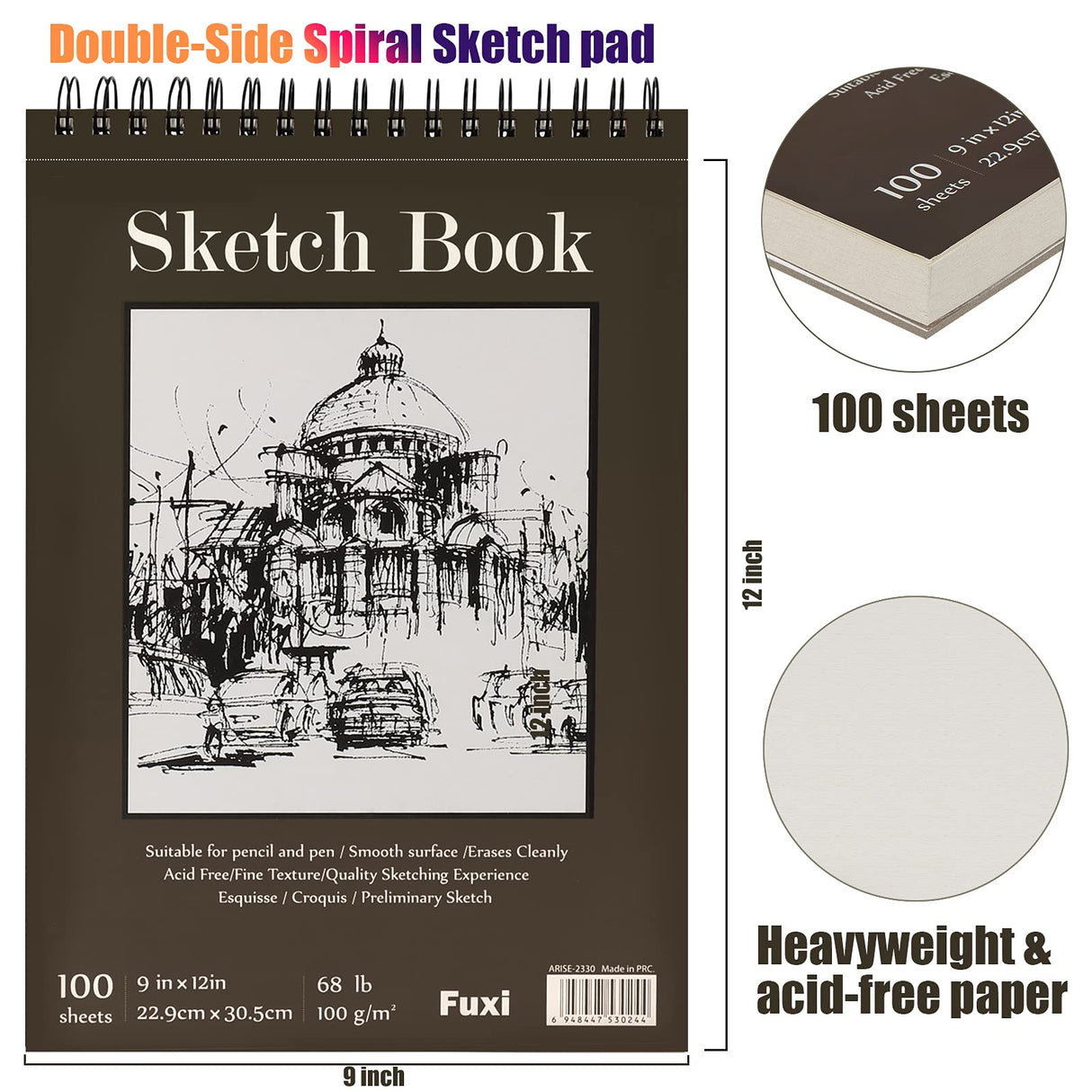 9 x 12 inches Sketch Book, Top Spiral Bound Sketch Pad, 1 Pack 100-Sheets (68lb/100gsm), Acid Free Art Sketchbook Artistic Drawing Painting Writing Fuxi