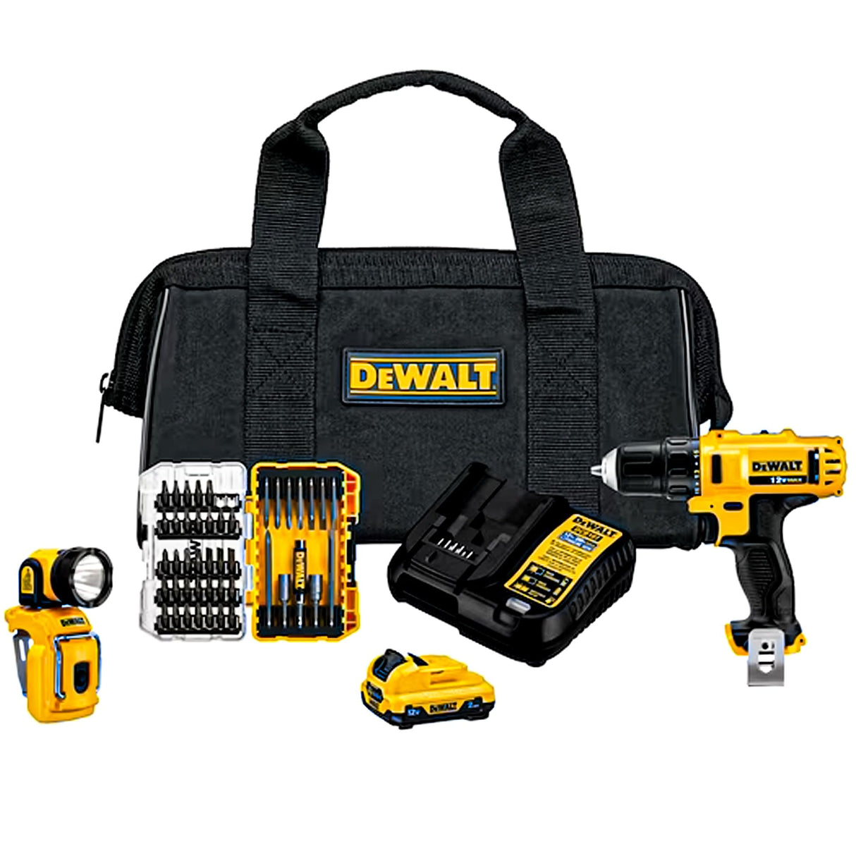 DeWalt 20V MAX Cordless Impact Driver and Drill Hand Tool Set Combo Kit with LED Flashlight, 45 Piece Drill Bit Set, and Battery Power Pack DEWALT