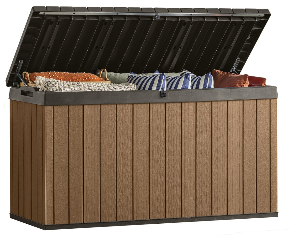 Keter Darwin 150 Gallon Resin Large Deck Box - Organization and Storage for Patio Furniture, Outdoor Cushions, Garden Tools and Pool Toys, Brown & Keter