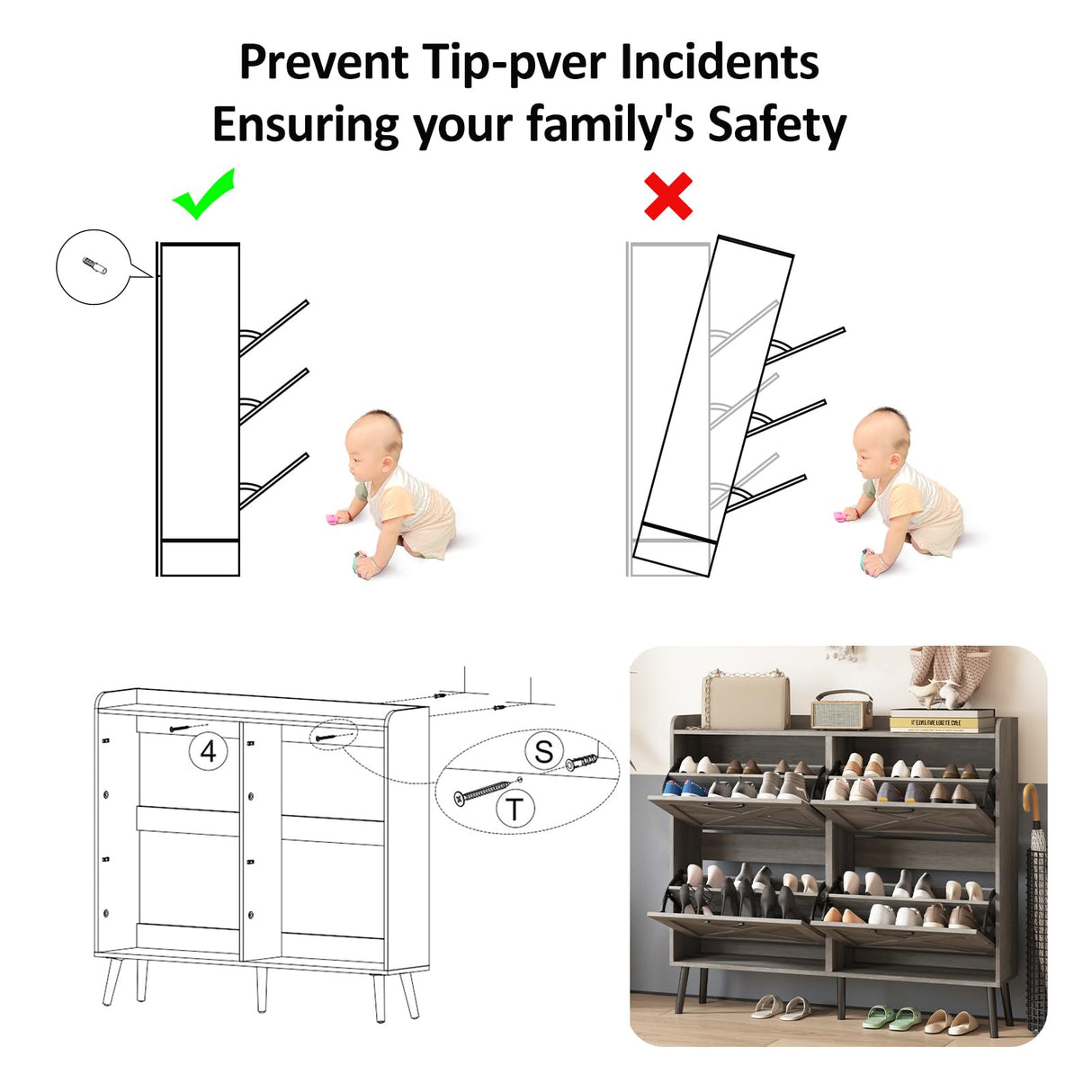 Maupvit Large Shoe Cabinet with 4 Flip Drawers, Freestanding Shoe Cabinet Organizer with Metal Drawer Bracket, Shoes Storage Cabinet for Entryway, Maupvit