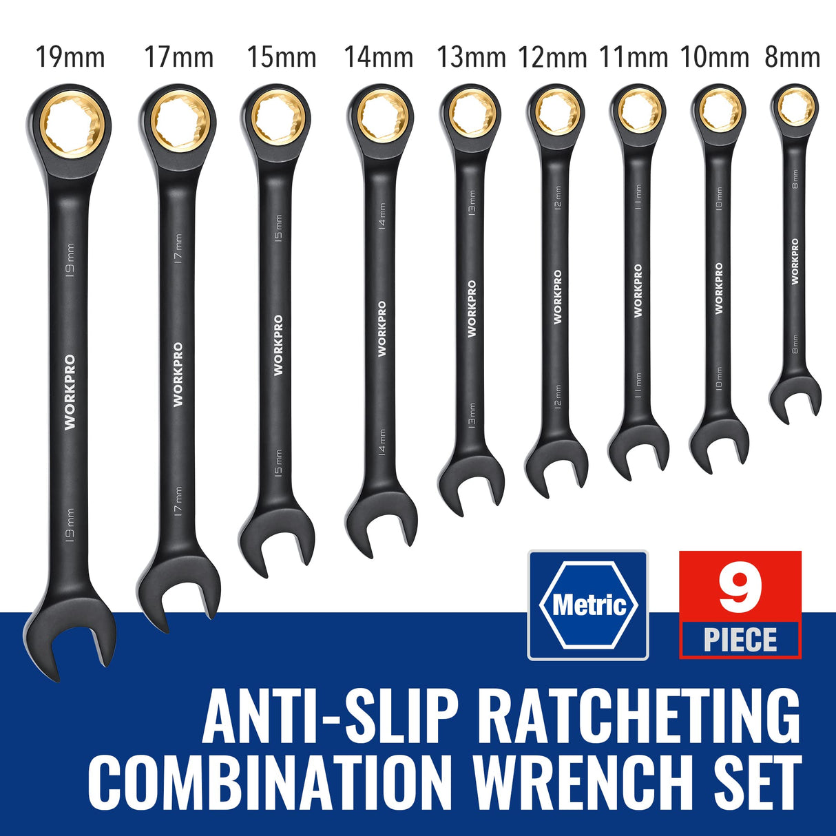 WORKPRO 9-Piece Anti-Slip Ratcheting Combination Wrench Set, Metric 8-19 mm, 72-Tooth, Cr-V Constructed, Black Ratchet Wrenches Set with Roll Up WORKPRO