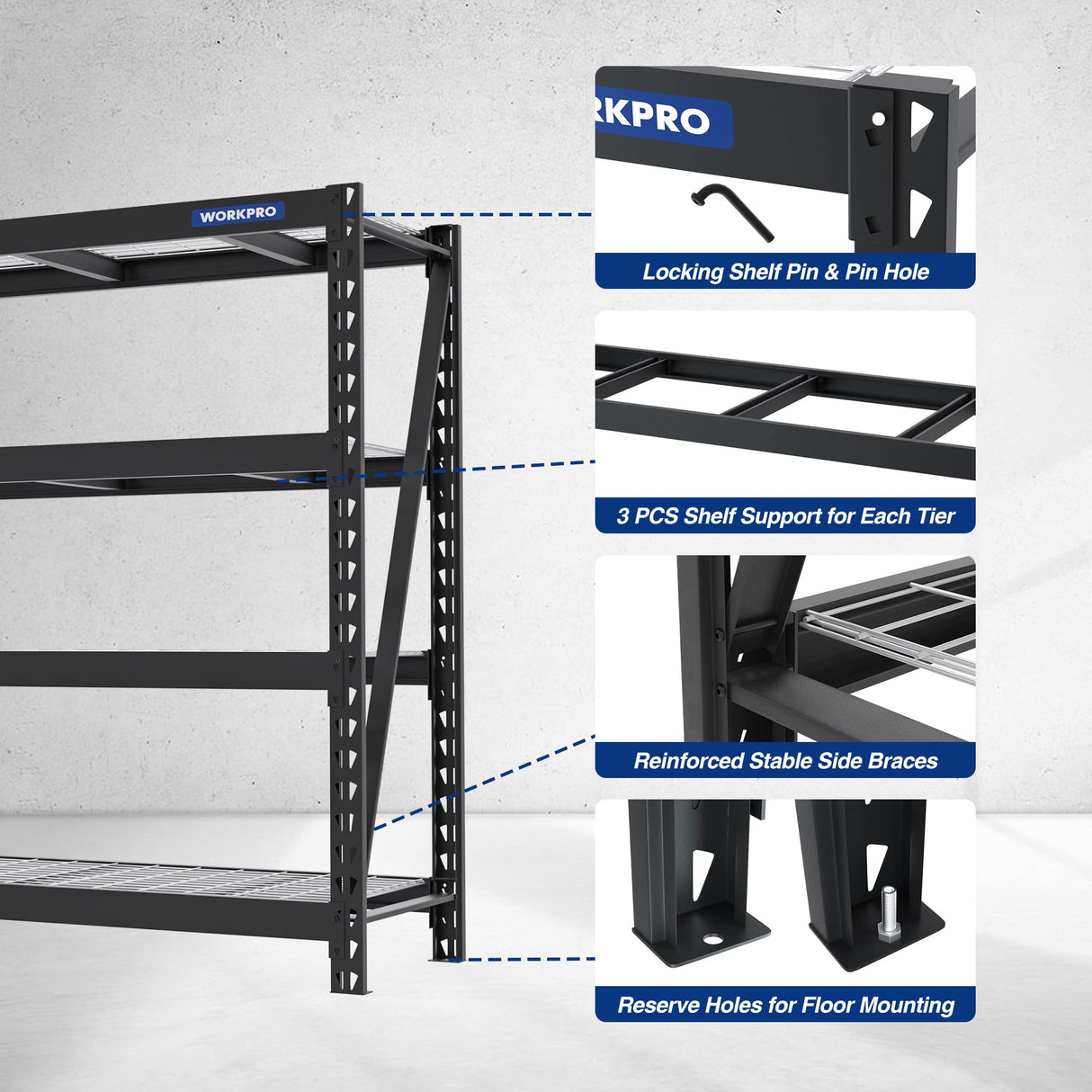WORKPRO 68" Ultra Wide 4-Tier Metal Garage Shelving Unit, 68"W x 24"D x 65"H, 7200 LBS Capacity, Heavy Duty Storage Utility Rack, Industrial WORKPRO