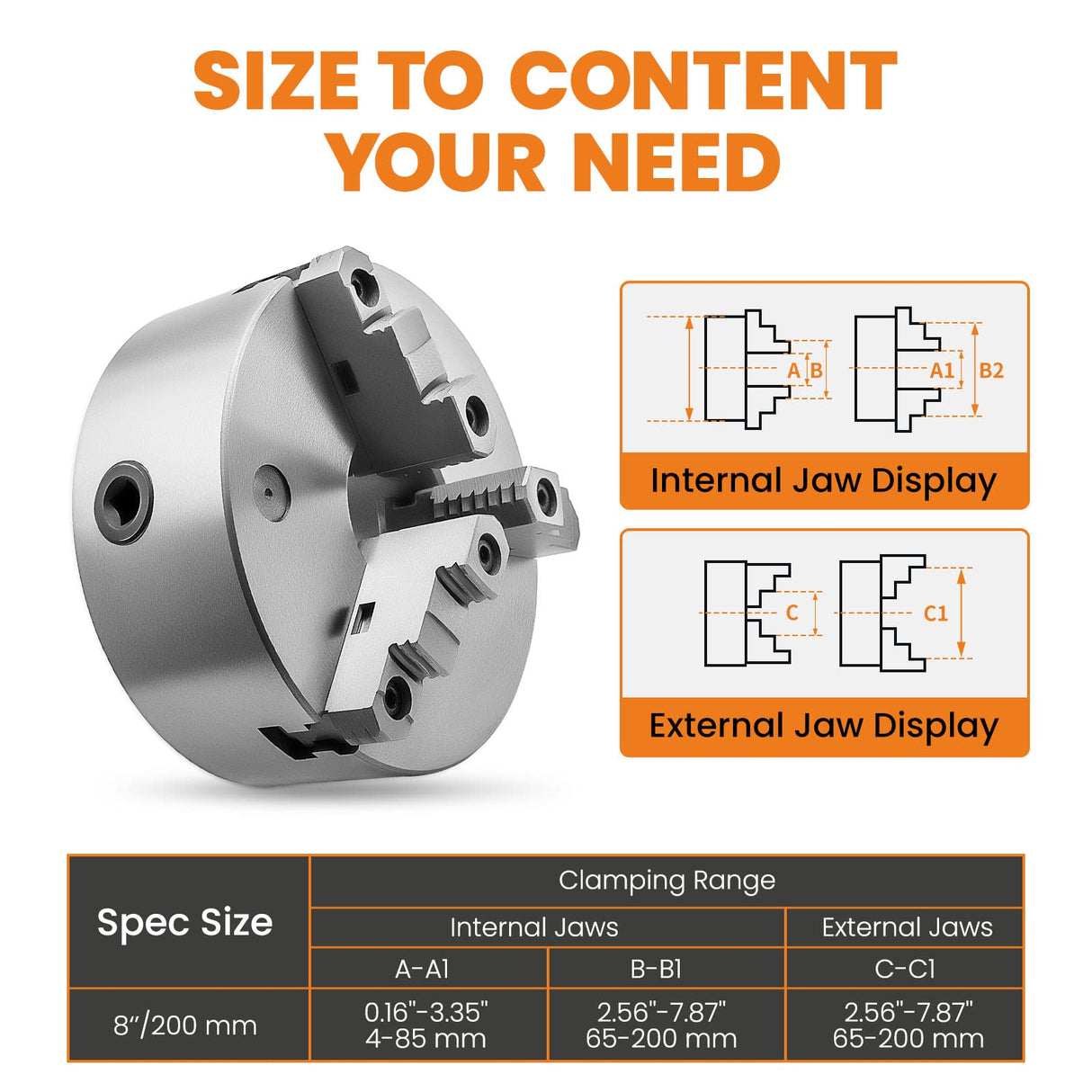 maXpeedingrods 8" 3-Jaw Lathe Chuck, K11-200A Self Centering Chuck, with T-key Fixing Screws Hexagon Wrench, Internal External Grinding for Lathe 3D maXpeedingrods