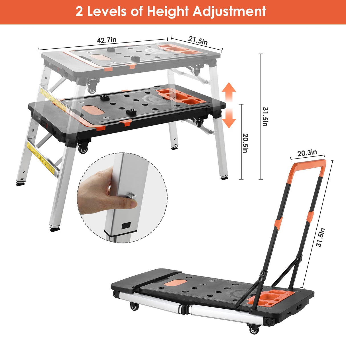 Multifunctional Folding Work Table, 7 in 1 Work Benches for Garage, as Portable Workbench, Sawhorse, Scaffold, Platform, Car Creeper, and Hand Truck, TLGREEN