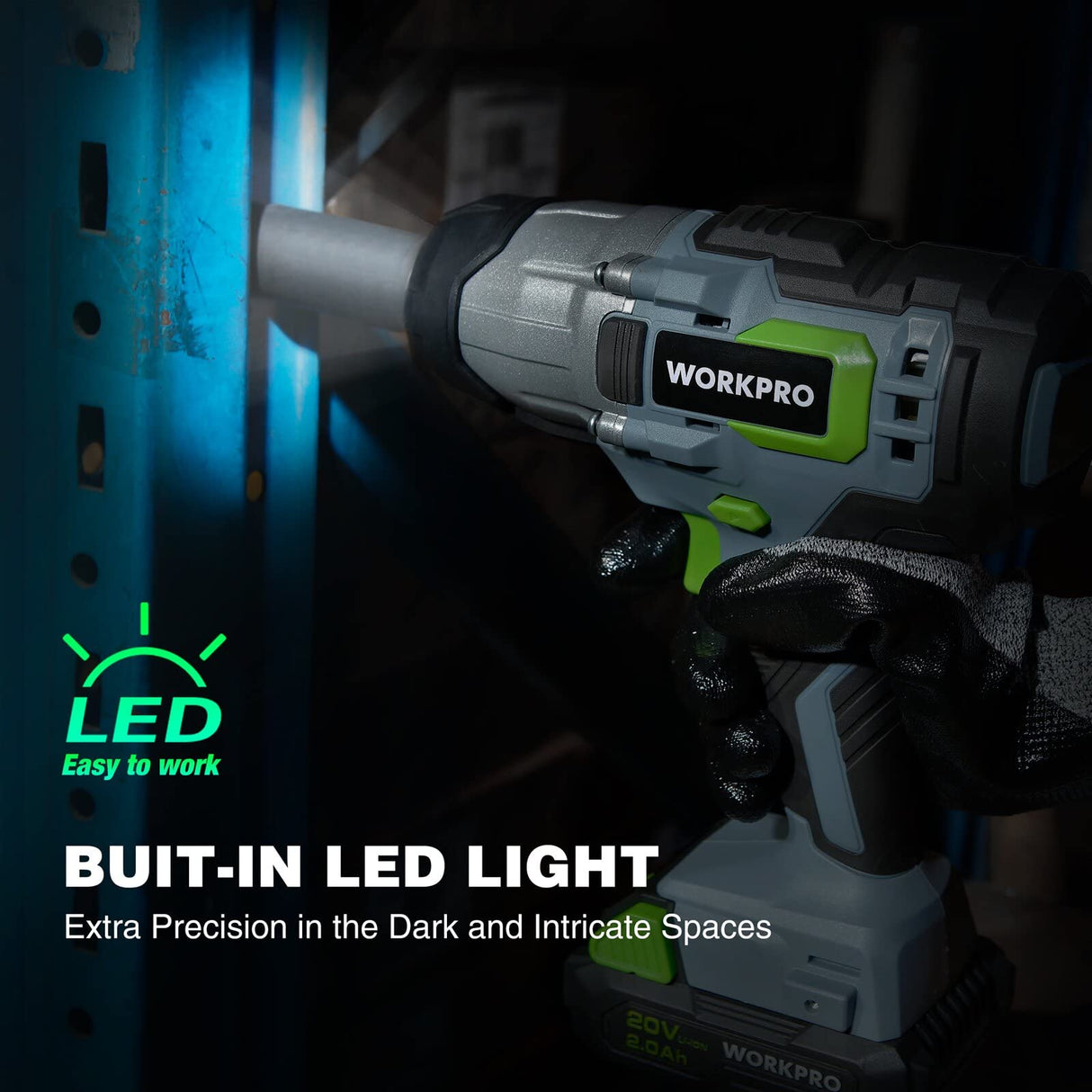 WORKPRO 20V Cordless Impact Wrench, 1/2-inch, 320 Ft Pounds Max Torque, 2.0Ah Li-ion Battery with Fast Charger, Belt Clip for Easy Carrying WORKPRO