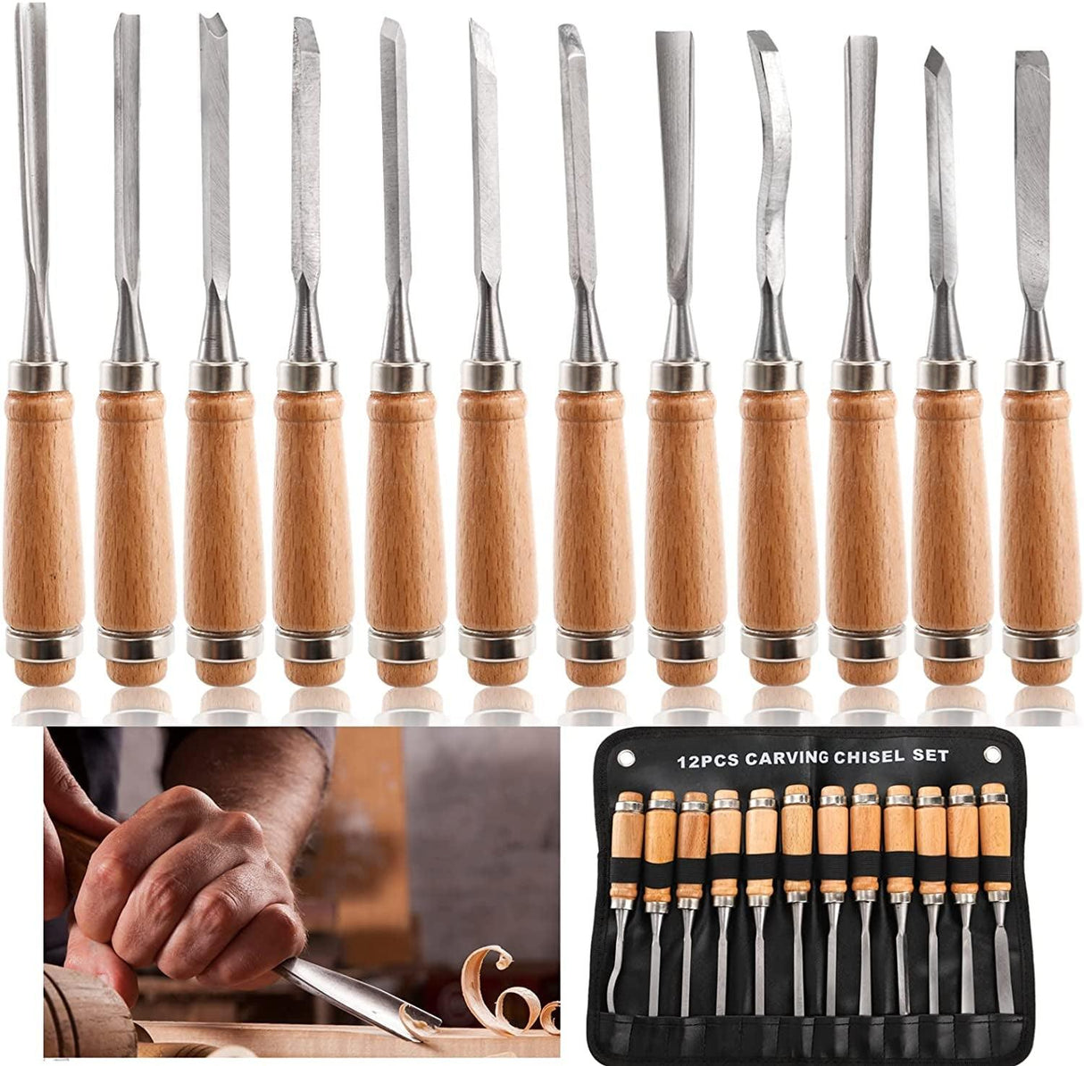12 PCS Wood Carving Tools, Gouges Woodworking Chisels, Full Size Wood Carving Knifes WoodArtSupply