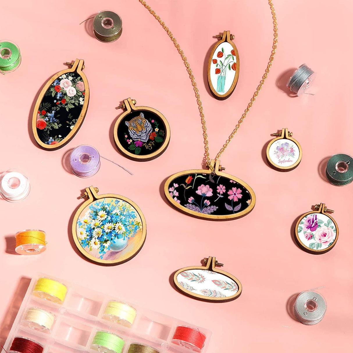 Mini Embroidery Hoop Wooden Mini Crossing Stitch Hoop Mini Ring Embroidery Circle for DIY Pendant Crafts, Round, Oval Vertical, Oval Horizontal (16 WoodArtSupply