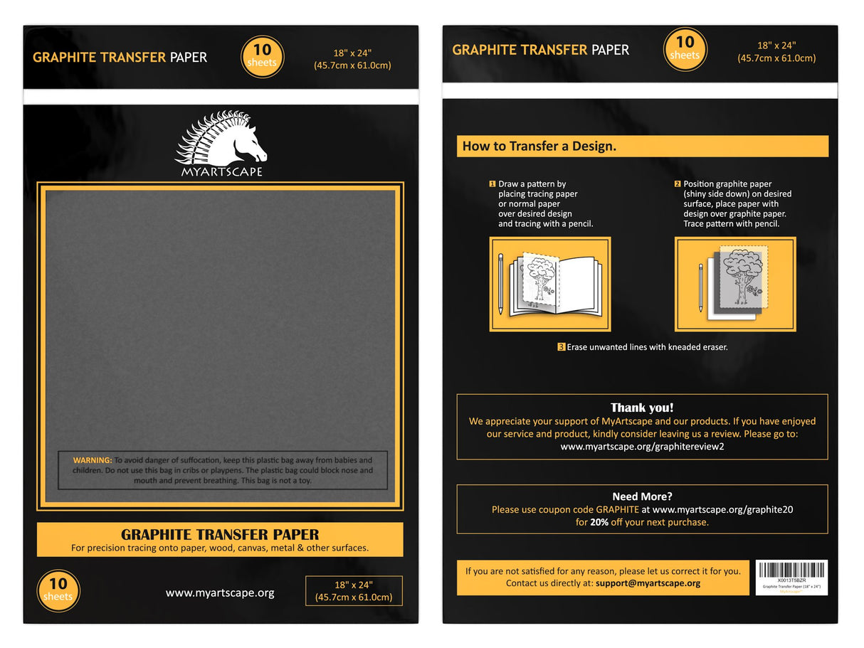 MyArtscape Graphite Transfer Paper, 18" x 24" - 10 Sheets - Black Waxed Carbon Paper - for Drawing, Tracing and Transfer - Premium Arts and Crafts MyArtscape