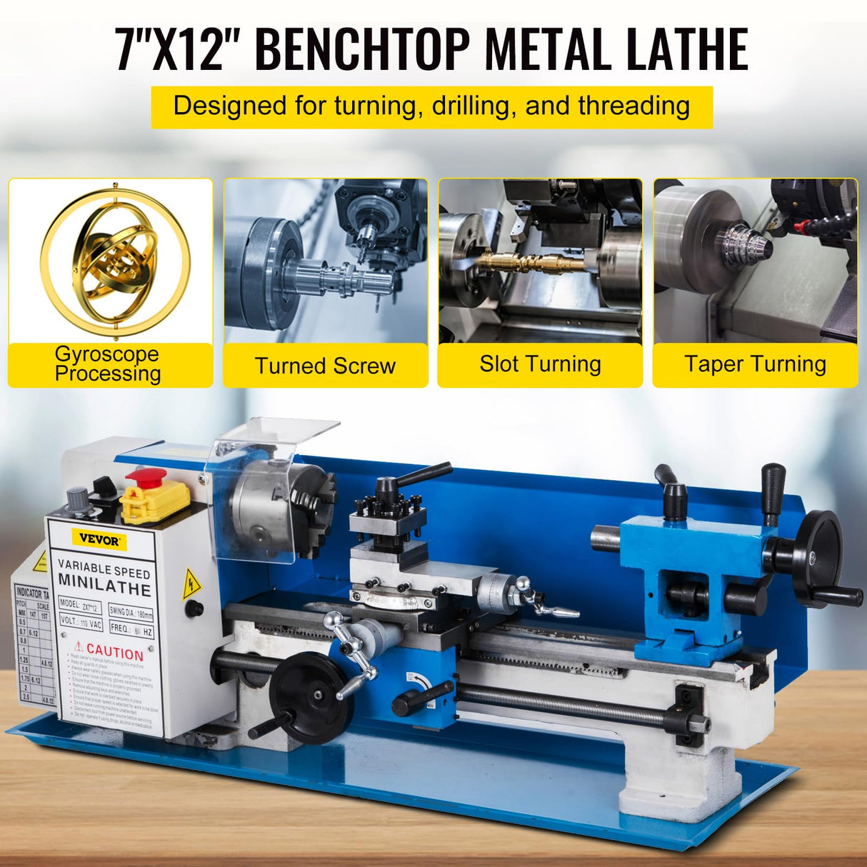 VEVOR Metal Lathe 7"x12",Precision Bench Top Mini Metal Lathe 550W, Metal Lathe Variable Speed 50-2500 RPM Nylon Gear With A Movable Lamp for VEVOR