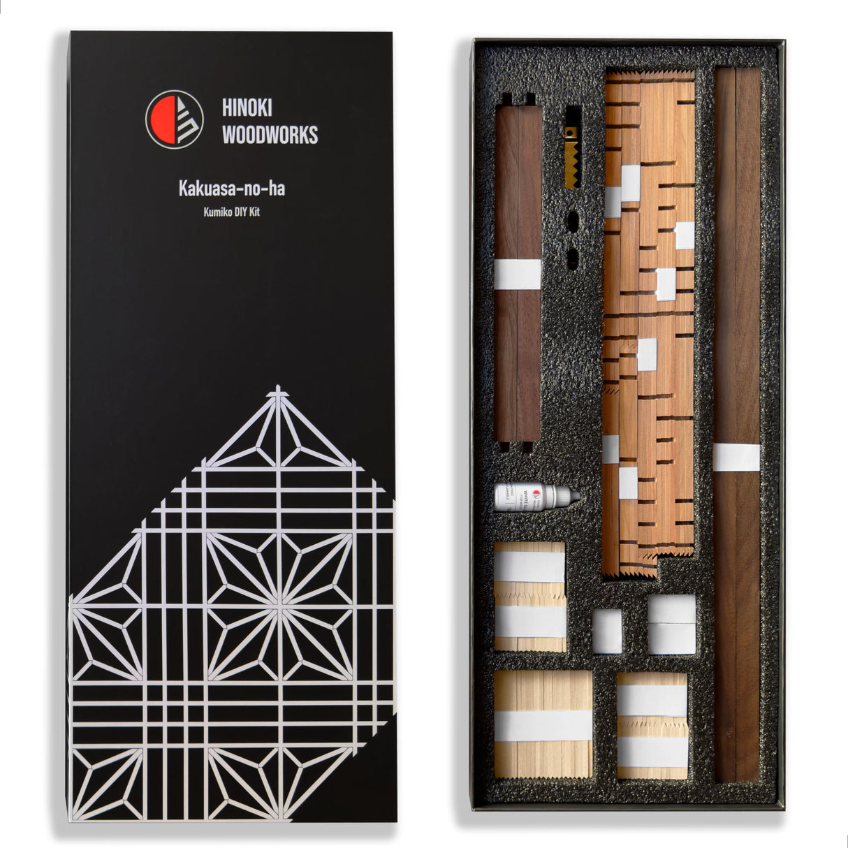 Hinoki Woodworks Kumiko DIY Kit Kakuasa-no-ha Pattern. Ready to Assemble Project with 154 Wood Pieces | Japanese Woodworking craftmanship | Wall Art Hinoki Woodworks