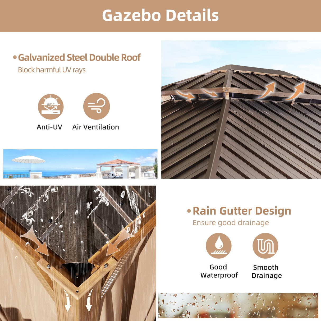 MELLCOM 10'x12' Hardtop Gazebo, Wooden Finish Coated Aluminum Frame Gazebo with Galvanized Steel Double Roof, Brown Metal Gazebo with Curtains and MELLCOM