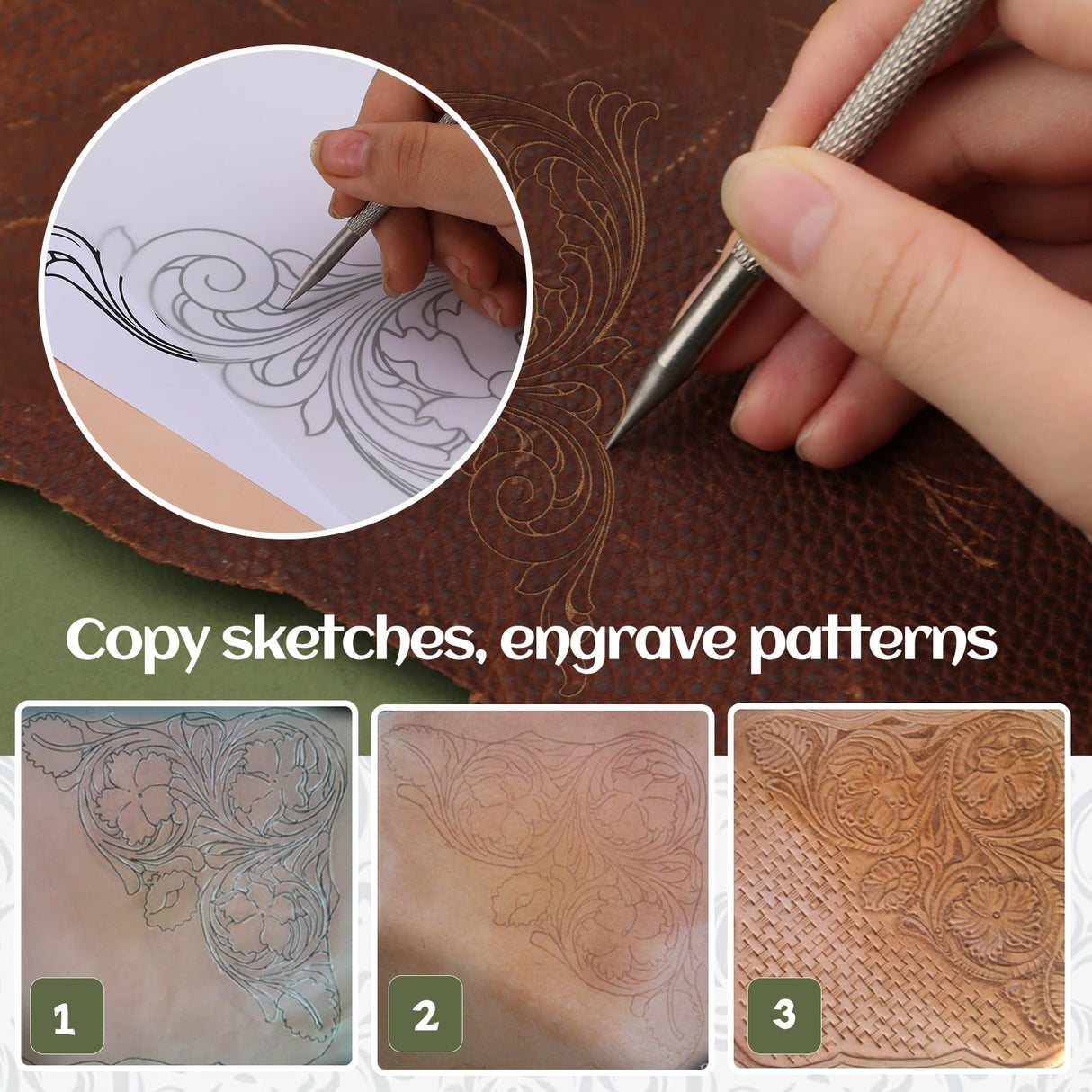 QMNNMA Leather Stamping Tools, Saddle Making Stamp Punch Set with Leather Scriber Pen, Leather Working Hammer and Tracing Paper, for Leather Carving QMNNMA