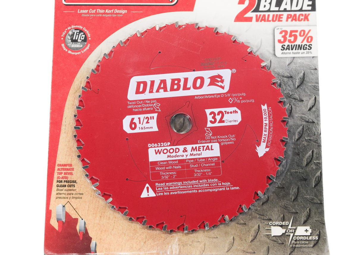 Diablo D0632GPX2 6-1/2" x 32 Tooth Wood and Metal Carbide Circular Saw Blade (2 Pack) Diablo