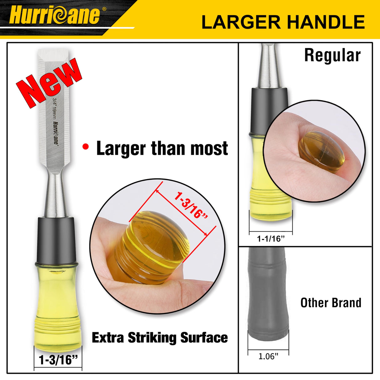 HURRICANE 4 Piece Wood Chisel Set for Woodworking, CRV Steel Beveled Edge Sharp Blade with Caps, Extra Large Size Durable PVC High Impact Handle, HURRICANE