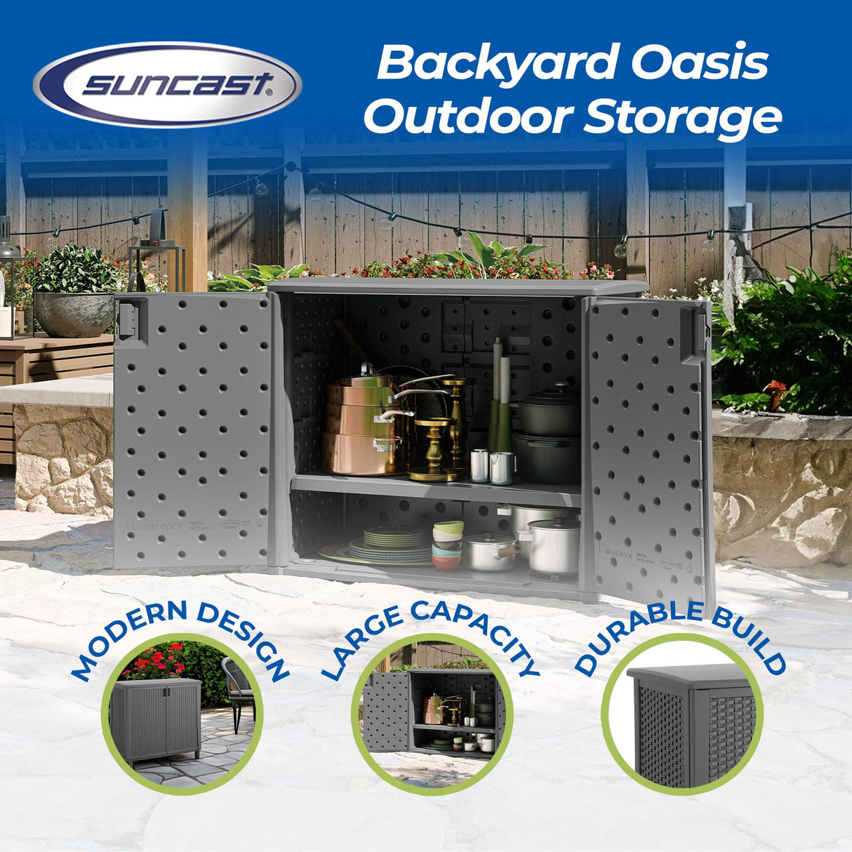 Suncast Outdoor Storage Cabinet with Pad-Lockable Doors, Freestanding Outdoor Patio Storage Unit, 42" W x 23" D x 35.5" H, Cool Gray Suncast