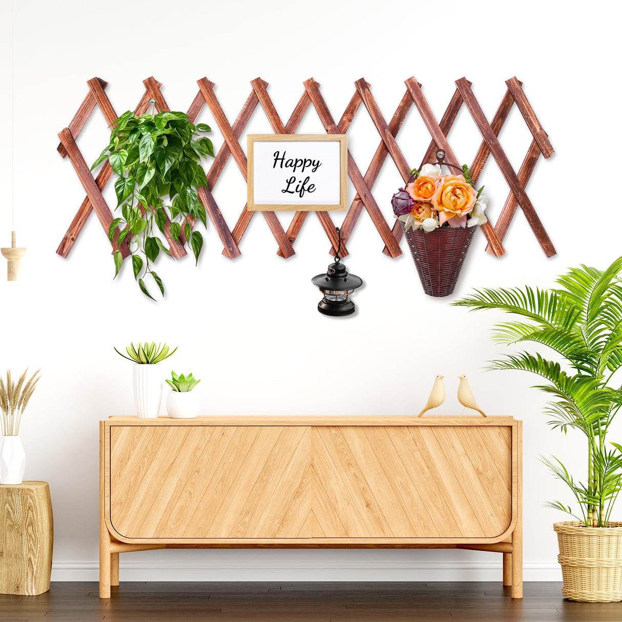 HolyMaji 2 Pack Expandable Wooden Lattice Fence, Garden Trellis for Climbing Outdoor Plants, Stretchable Panel Wall Trellis Vertical Rack Wood Frame HolyMaji