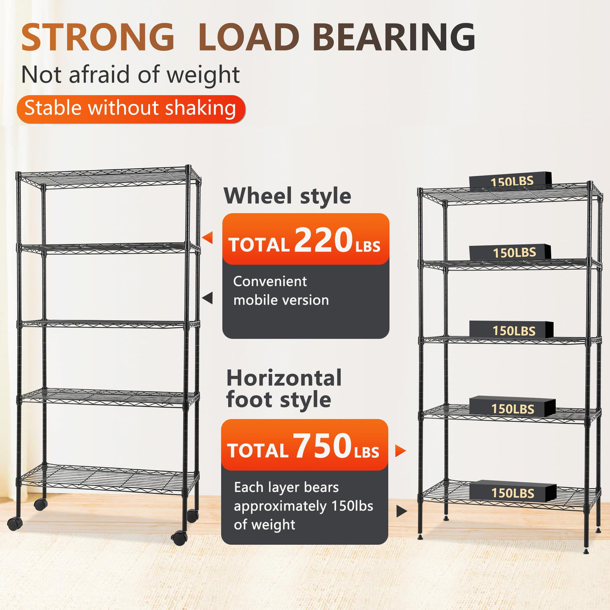 FDW Adjustable 5-Tier Metal Shelf with Wheels, 250 lbs Capacity, Easy Assembly, Ideal for Small Spaces FDW