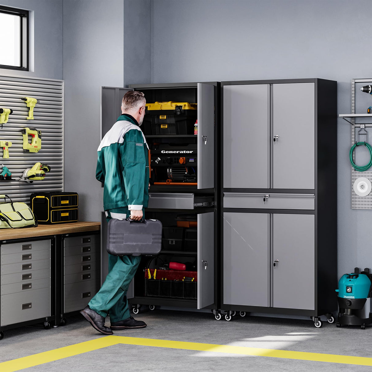 Letaya Metal Garage Storage Cabinet with Wheels,72” Rolling Tool Cabinet with 4 Door Lock-Adjustable Shelves and Drawer for Garage Home Office Letaya