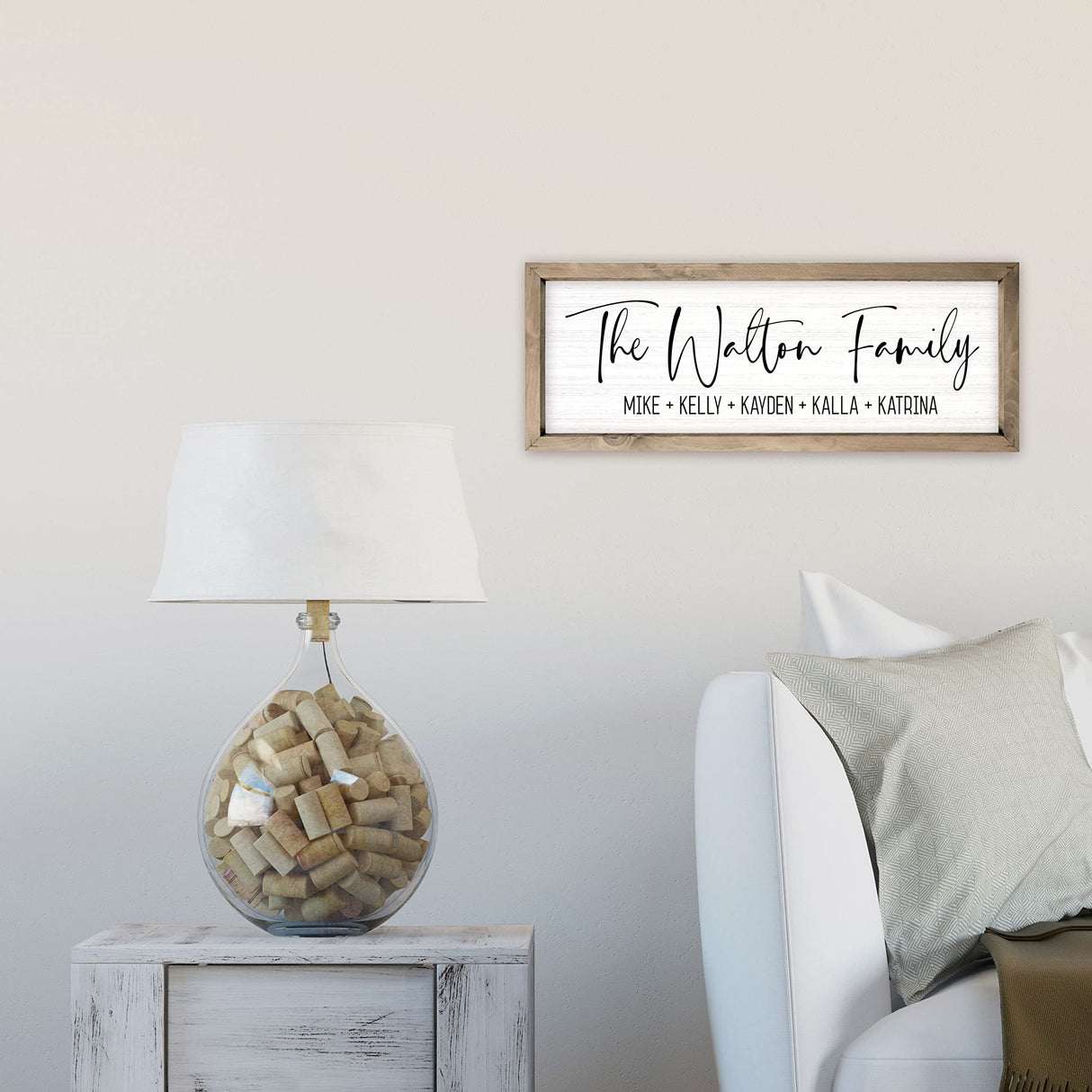 Personalized Framed Wooden Family Name Sign (6" x 18", Weathered Grey Frame, White Background) MRC Wood Products