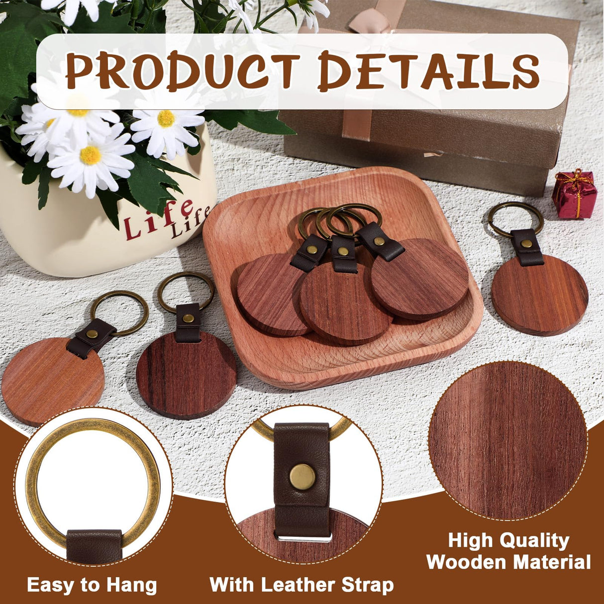 Ecally 36 Pcs Wooden Keychain Blanks Leather Strap Wood Keychain Blanks Round Wood Keyring with for DIY Employee Coworker Gift Craft Ecally