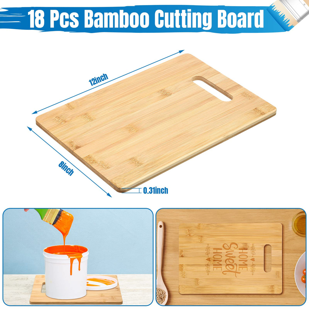 18 Pack Bulk Cutting Board Plain Large Bamboo Cutting Board Set Chopping Board with Handles Blanks Laser Engraving Cutting Board for Customized, Vesici